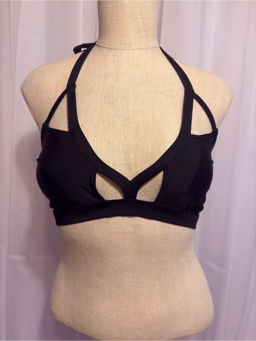 Women Swim Bikini Top Black Strappy Cutout Halter Bikini Top